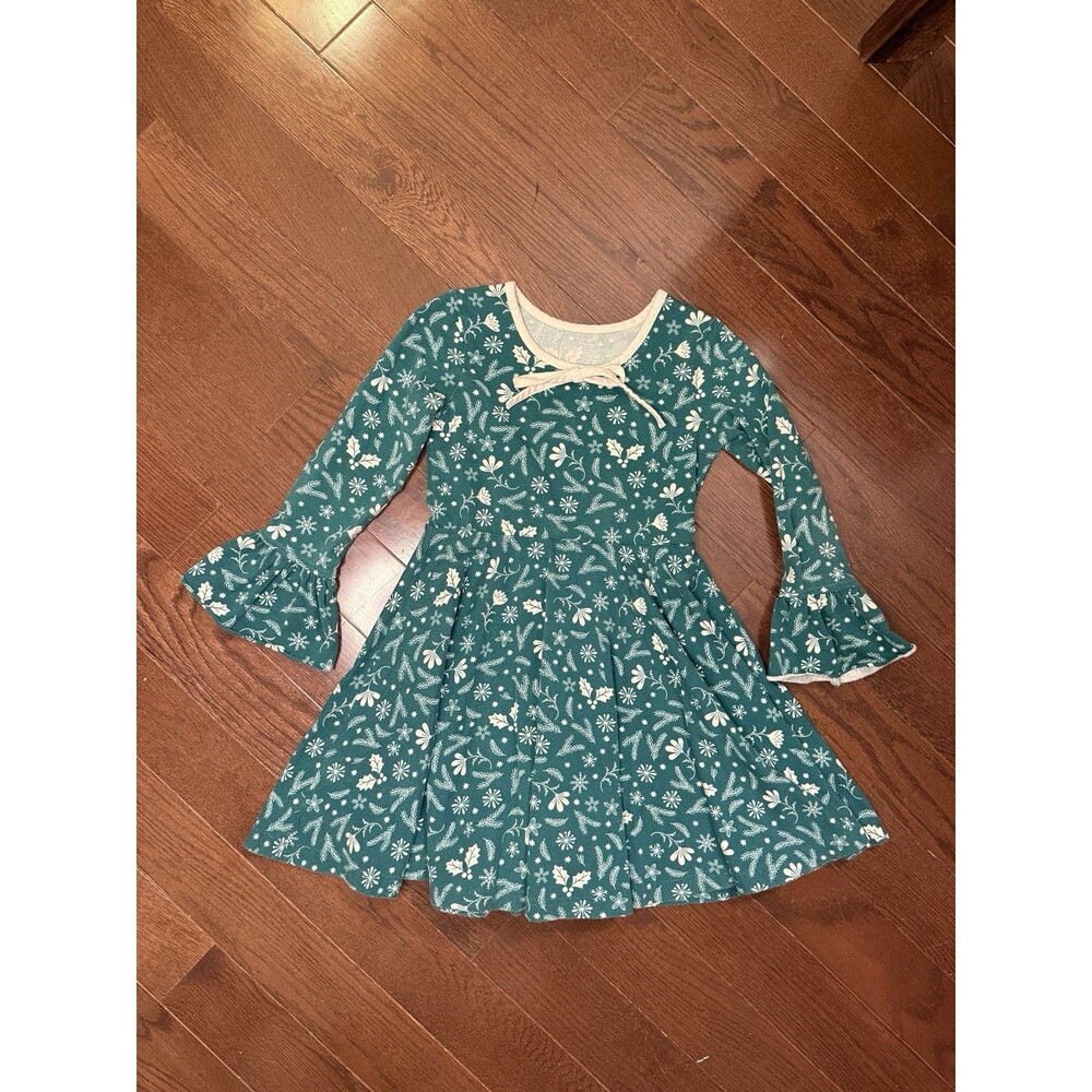Eleanor Rose Girls 7/8 Christmas Dress Green Holiday Floral Bell Sleeve Bow